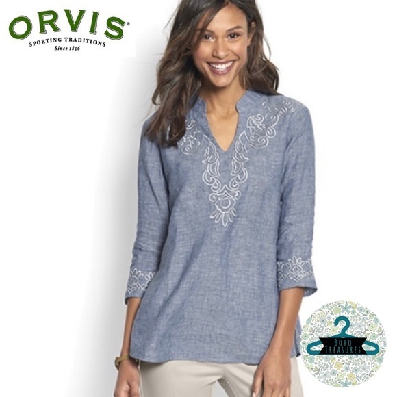 Orvis Tops - ORVIS Boho Linen Chambray Embroidered Popover Tunic - Size Small